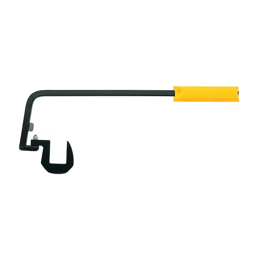 The STANLEY 26 IN BOARD BENDER DECK TOOL features a curved metal blade and yellow handle, ideal for prying decking boards and removing roofing shingles.